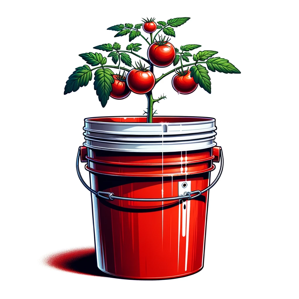 Tomato plant growing in red bucket.