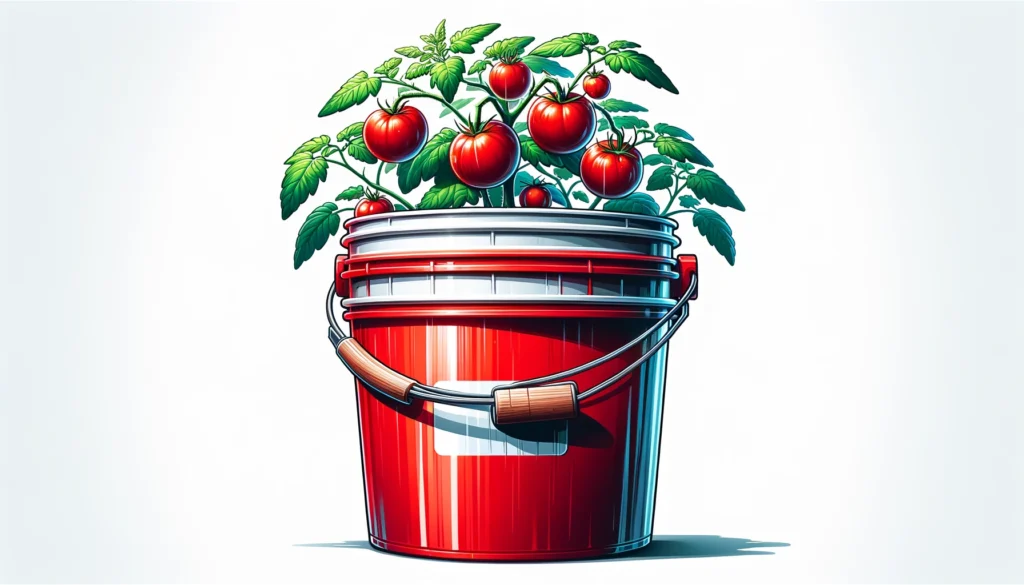 Tomato plants growing in red bucket.