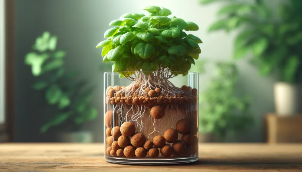 Basil plant in glass terrarium with visible roots.