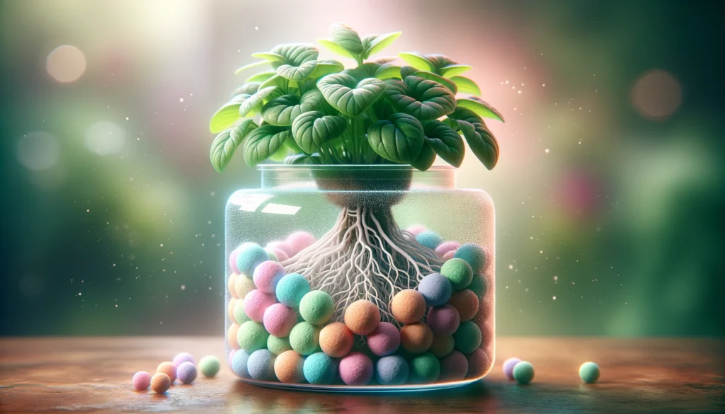 Basil plant in terrarium with colorful soil balls.