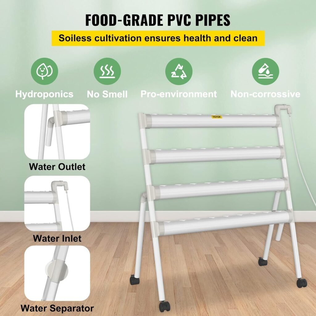 Hydroponics Growing System, 36 Sites 4 Food-Grade PVC-U Pipes, 4 Layers Indoor Planting Kit with Water Pump, Timer, Nest Basket, Sponge for Fruits, Vegetables, Herb, White