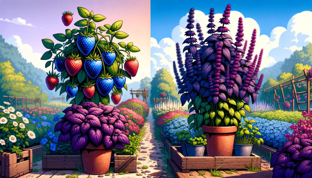 Colorful fantasy garden with oversized strawberry and flower plants.