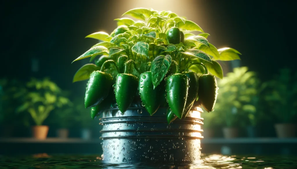 Fresh jalapeño peppers in pot, dewy leaves