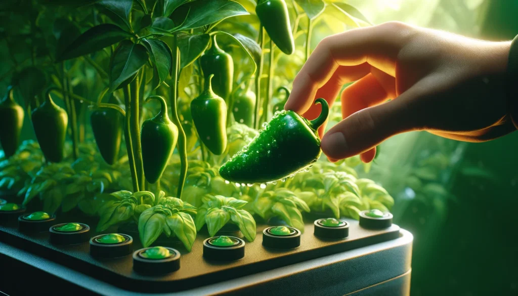 Hand examining hydroponic green jalapeno pepper plant.