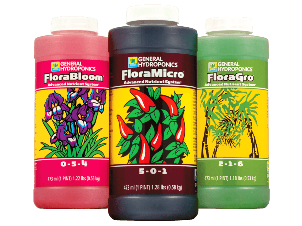 General Hydroponics nutrient trio bottles.