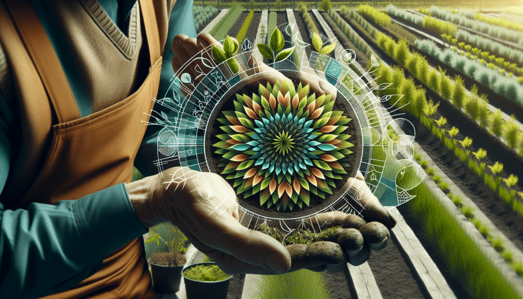 Farmer with futuristic agriculture technology hologram over crops.