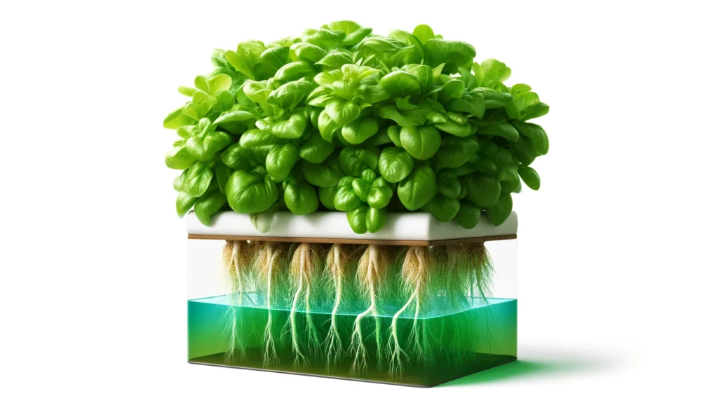 Lush basil plant with visible root system in container.