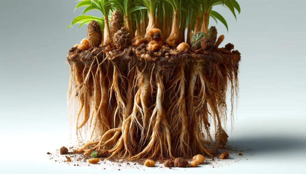 Detailed cross-section of plant roots and soil.