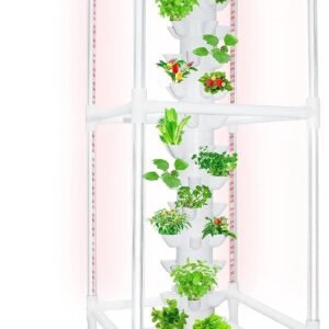 Vertical hydroponic garden tower with lush green plants