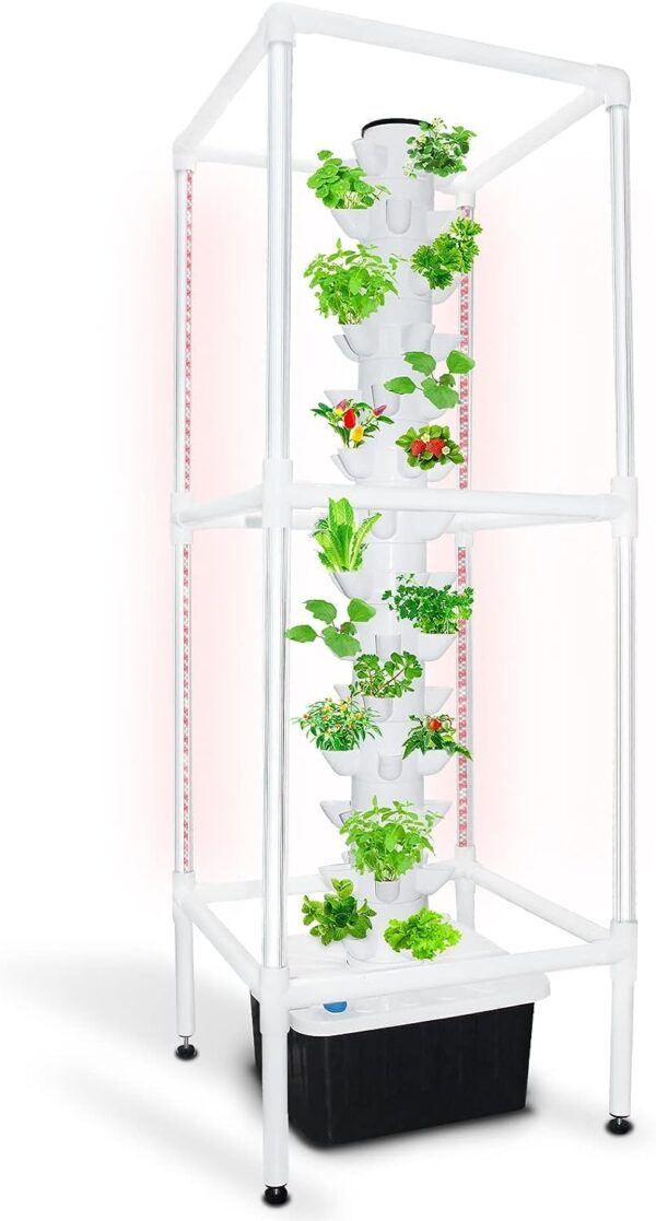 Vertical hydroponic garden tower with lush green plants