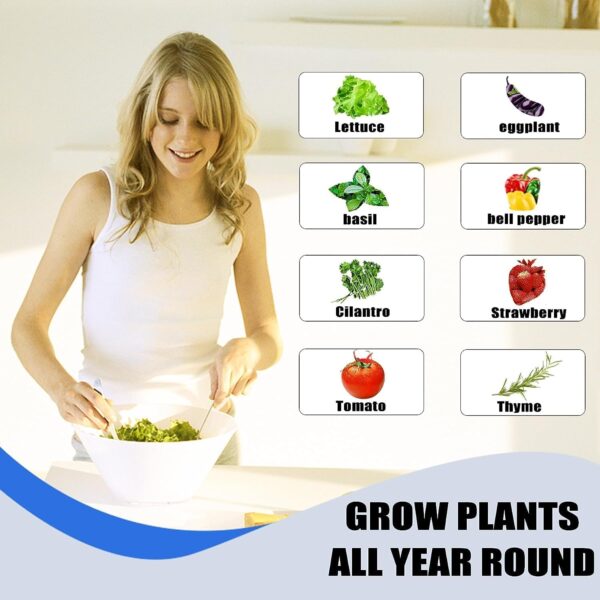 Woman preparing salad, various plants highlighted for growing