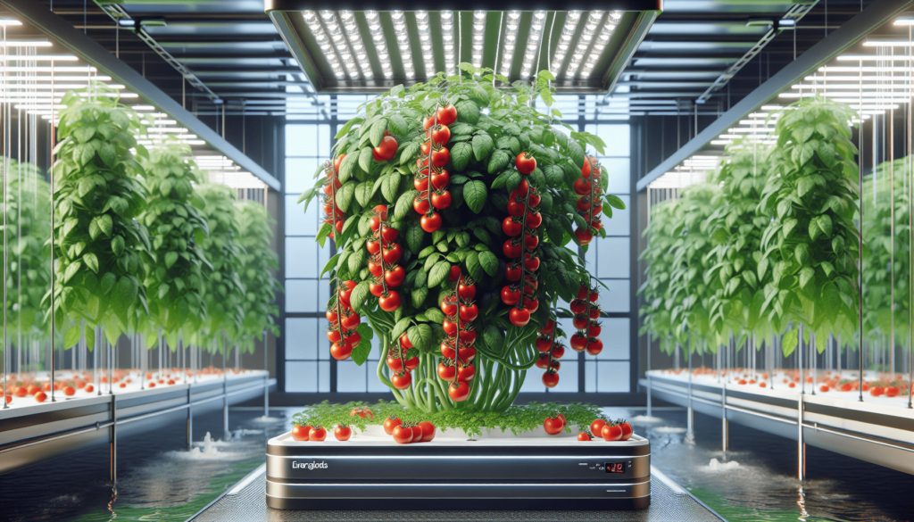 Indoor hydroponic farm growing lush tomatoes and herbs