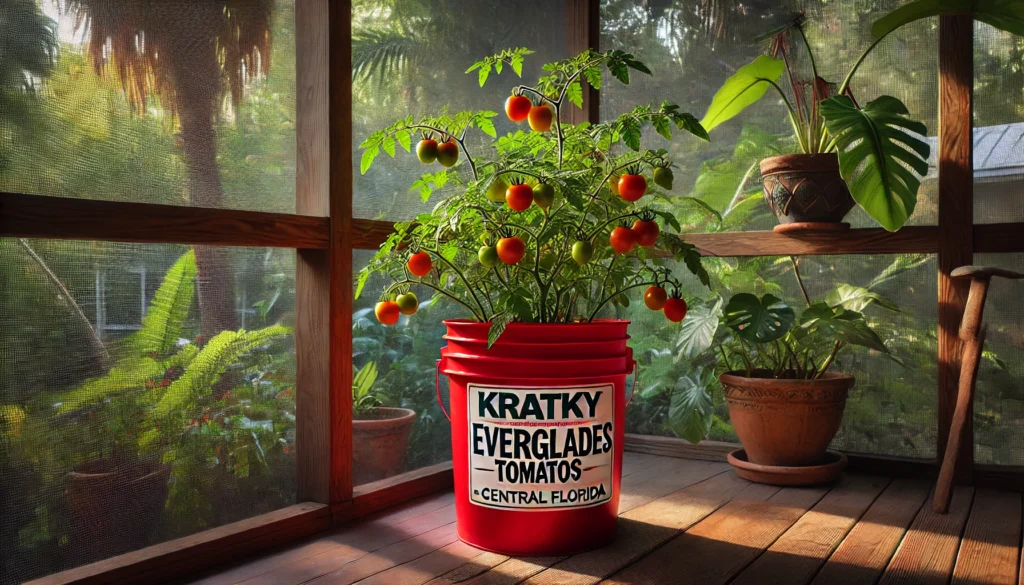 Everglades Tomato plants ripening in a bright red bucket, on a patio.