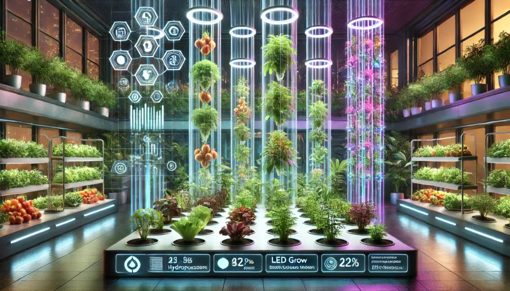 Futuristic indoor vertical hydroponic farm with digital displays
