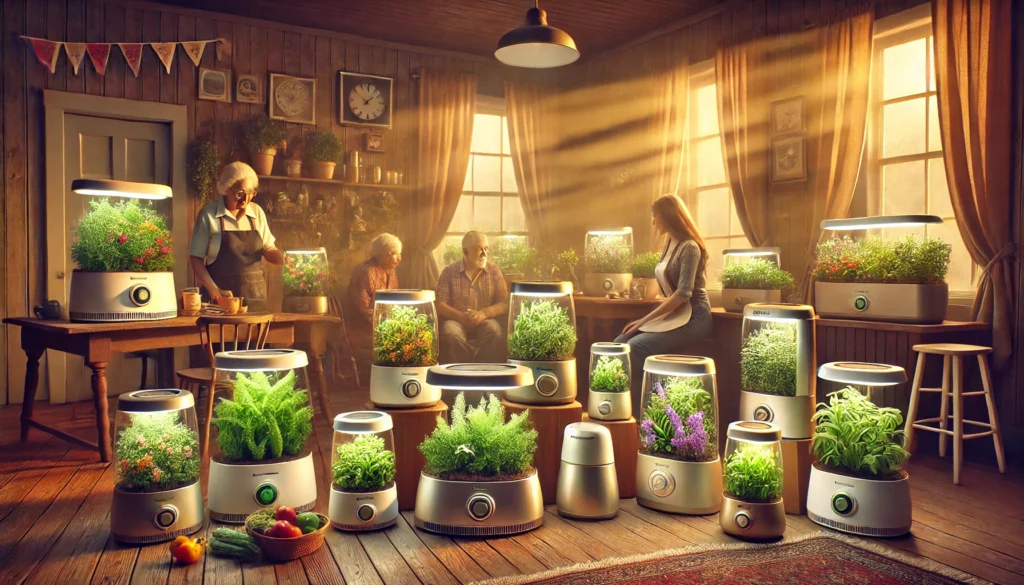 Family tending indoor smart garden in cozy wooden room