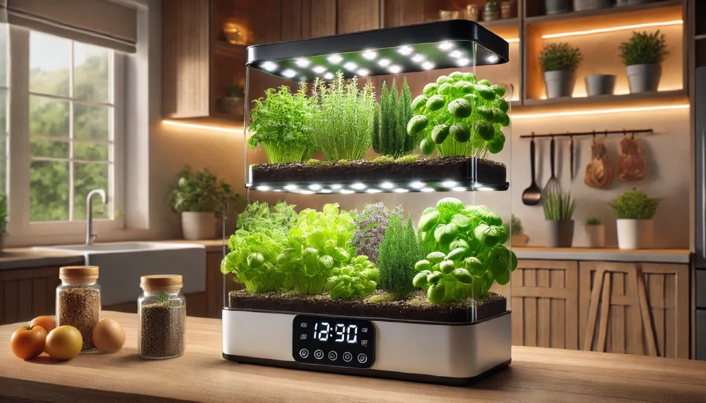 Indoor smart garden growing herbs on kitchen countertop