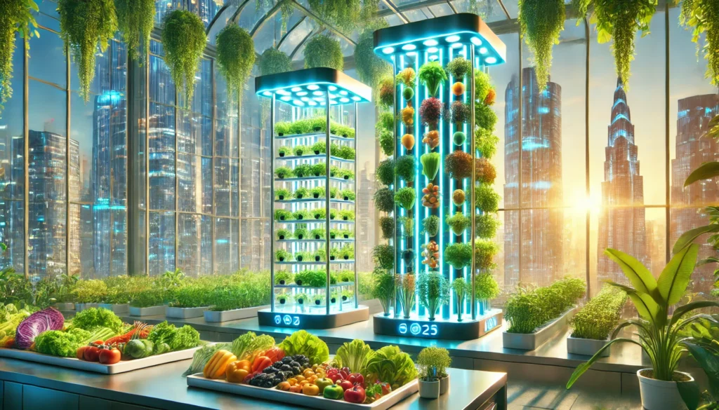 Futuristic urban indoor farm with lush vegetation