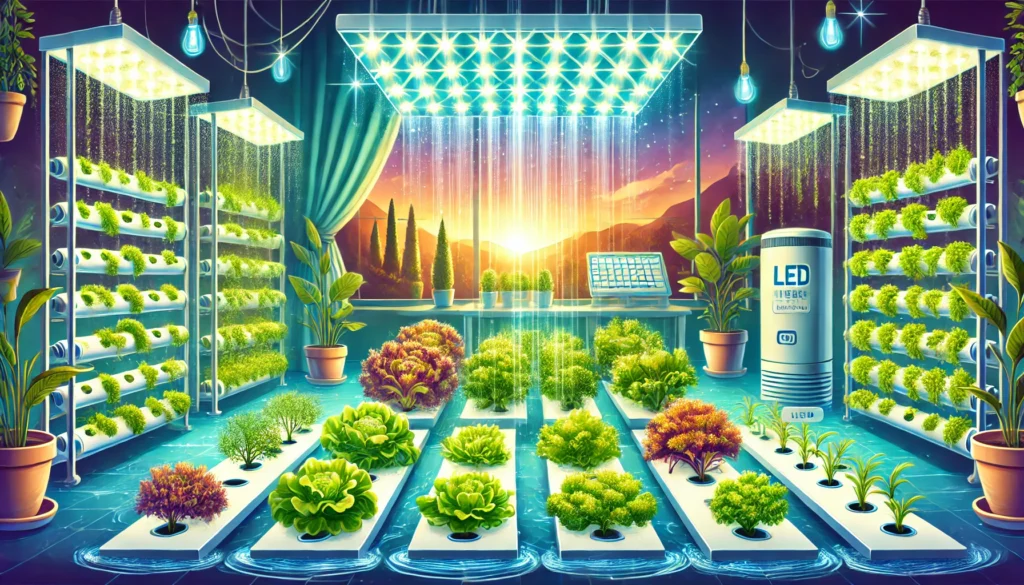 Futuristic indoor hydroponic farm with advanced LED lighting