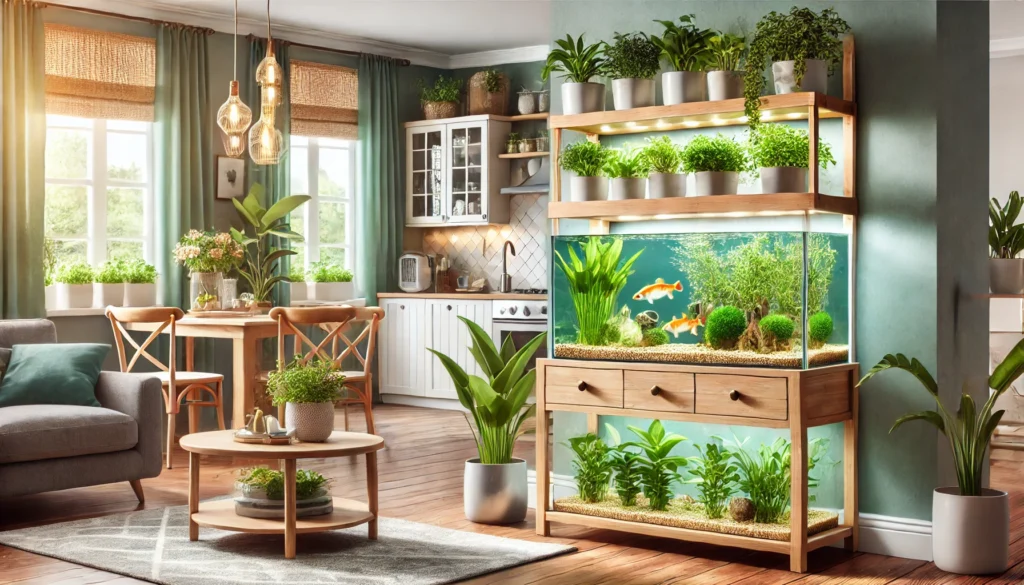 Bright living room with plants and large fish tank.
