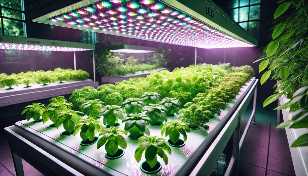 Indoor hydroponic farm with vibrant LED lights