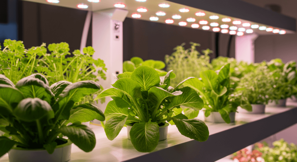 Indoor hydroponic garden with diverse leafy greens