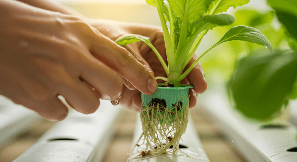 Person examining hydroponic plant roots and stem
