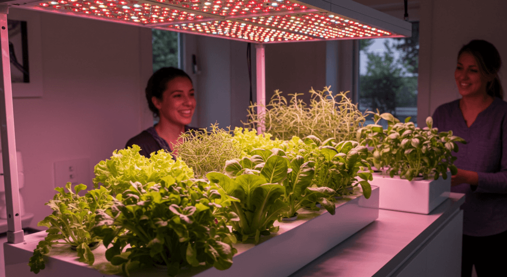 Women tending indoor plants under LED grow lights