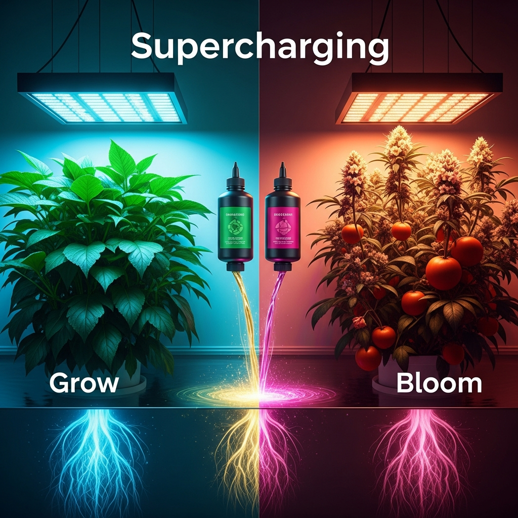 A stunning, high-resolution featured image for a gardening blog, capturing the concept of 'supercharging' a garden. The scene is a split-transition from left to right within a modern, clean indoor hydroponic setup. On the left, representing the 'Grow' phase, are incredibly lush, vibrant emerald-green leafy plants with thick, healthy foliage under a cool-spectrum grow light. On the right, representing the 'Bloom' phase, the plants transition into spectacular, explosive blooming flowers and rich, colorful fruits under a warm-spectrum light. In the center, two elegant, stylized liquid nutrient bottles stand side-by-side—one with a vibrant green label and the other with a rich magenta label. A subtle, glowing stream of golden and pink nutrient-rich liquid flows dynamically from the bottles down into the clean water, where thick, healthy white roots absorb the energy, glowing with a soft, bioluminescent vitality. Professional photography, bright and energetic lighting, sharp focus, 8k, modern horticultural aesthetic.