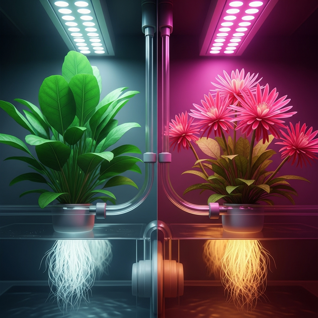 A stunning, conceptual close-up of a futuristic hydroponic system showcasing the dual stages of plant life. On the left, lush, vibrant emerald green foliage thrives under bright white light. On the right, exotic, radiant flowers burst into full bloom under a warm, glowing magenta light. Translucent tubes run through the scene, carrying a glowing, golden-amber liquid nutrient solution directly to clean, healthy white roots floating in crystal-clear water. Sleek, modern design, professional botanical photography, cinematic lighting, ultra-detailed, depth of field.