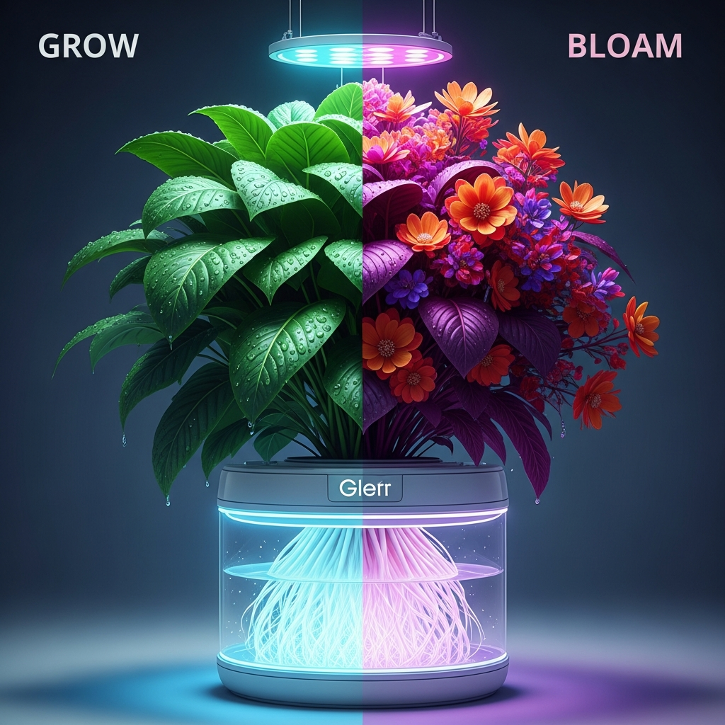 A premium, cinematic commercial photograph showcasing the dual power of hydroponic plant growth. The image features a single, magnificent plant in a pristine, futuristic glass hydroponic vessel. The left half of the plant is in the 